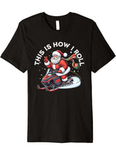 Santa Snowmobiling Xmas Funny Winter Holiday Christmas Premium T-Shirt 180G 100% Cotton Printed Round Neck Short-Sleeve T-Shirt, Gifts for Men Dad Husband Grandpa, S-XXXL, Black