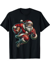 Santa Playing American Football Christmas Women Men Boy Girl T-Shirt 180G 100% Cotton Printed Round Neck Short-Sleeve T-Shirt, Gifts for Men Dad Husband Grandpa, S-XXXL, Black