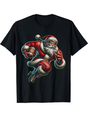 Santa Playing American Football Christmas Women Men Boy Girl T-Shirt 180G 100% Cotton Printed Round Neck Short-Sleeve T-Shirt, Gifts for Men Dad Husband Grandpa, S-XXXL, Black