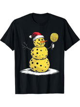 Pickleball Snowman Santa Hat With Paddle Shirt Xmas T-Shirt 180G 100% Cotton Printed Round Neck Short-Sleeve T-Shirt, Gifts for Men Dad Husband Grandpa, S-XXXL, Black