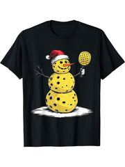 Pickleball Snowman Santa Hat With Paddle Shirt Xmas T-Shirt 180G 100% Cotton Printed Round Neck Short-Sleeve T-Shirt, Gifts for Men Dad Husband Grandpa, S-XXXL, Black