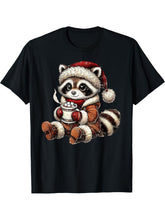 Raccoon Santa Christmas Cute Raccoon Coffee Christmas T-Shirt 180G 100% Cotton Printed Round Neck Short-Sleeve T-Shirt, Gifts for Men Dad Husband Grandpa, S-XXXL, Black