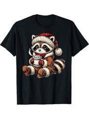 Raccoon Santa Christmas Cute Raccoon Coffee Christmas T-Shirt 180G 100% Cotton Printed Round Neck Short-Sleeve T-Shirt, Gifts for Men Dad Husband Grandpa, S-XXXL, Black