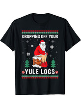 Dropping Off Your Yule Logs Funny Santa Chimney Christmas T-Shirt 180G 100% Cotton Printed Round Neck Short-Sleeve T-Shirt, Gifts for Men Dad Husband Grandpa, S-XXXL, Black