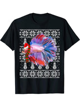 Fish Xmas Santa Hat Betta Fish Ugly Christmas T-Shirt 180G 100% Cotton Printed Round Neck Short-Sleeve T-Shirt, Gifts for Men Dad Husband Grandpa, S-XXXL, Black