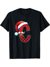 Letter C Initial Name Plaid Santa Hat Christmas T-Shirt 180G 100% Cotton Printed Round Neck Short-Sleeve T-Shirt, Gifts for Men Dad Husband Grandpa, S-XXXL, Black