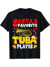 Santa's Favorite Tuba Player Xmas Santa Musical Instrument T-Shirt 180G 100% Cotton Printed Round Neck Short-Sleeve T-Shirt, Gifts for Men Dad Husband Grandpa, S-XXXL, Black