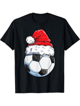 Christmas Soccer Ball Santa Hat Funny Sports Xmas Boys Men T-Shirt 180G 100% Cotton Printed Round Neck Short-Sleeve T-Shirt, Gifts for Men Dad Husband Grandpa, S-XXXL, Black