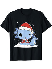 Axolotl Santa Hat Christmas Pajama Cute Animal Winter X-Mas T-Shirt 180G 100% Cotton Printed Round Neck Short-Sleeve T-Shirt, Gifts for Men Dad Husband Grandpa, S-XXXL, Black