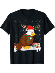 Funny Xmas Lighting Reindeer Santa Hat Bald Eagle Christmas T-Shirt 180G 100% Cotton Printed Round Neck Short-Sleeve T-Shirt, Gifts for Men Dad Husband Grandpa, S-XXXL, Black