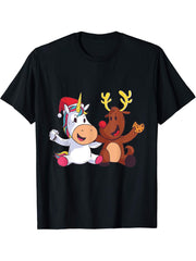 Reindeer Rudolph Christmas Ren Red Nosed Unicorn Gift T-Shirt 180G 100% Cotton Printed Round Neck Short-Sleeve T-Shirt, Gifts for Men Dad Husband Grandpa, S-XXXL, Black