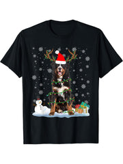 Bernese Mountain Santa Christmas Lights Dog Xmas Pajama T-Shirt 180G 100% Cotton Printed Round Neck Short-Sleeve T-Shirt, Gifts for Men Dad Husband Grandpa, S-XXXL, Black