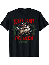 Sorry Santa I've Been Feral Retro Christmas Raccoon Reindeer T-Shirt 180G 100% Cotton Printed Round Neck Short-Sleeve T-Shirt, Gifts for Men Dad Husband Grandpa, S-XXXL, Black