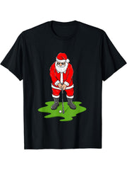 Santa Claus Playing Golf - Golf Lover Golfer Golfing T-Shirt 180G 100% Cotton Printed Round Neck Short-Sleeve T-Shirt, Gifts for Men Dad Husband Grandpa, S-XXXL, Black