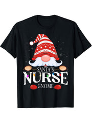 Santa's Nurse Gnome Matching Christmas Pajama T-Shirt 180G 100% Cotton Printed Round Neck Short-Sleeve T-Shirt, Gifts for Men Dad Husband Grandpa, S-XXXL, Black