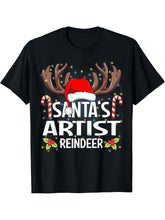 Santa's Artist Reindeer Christmas Pajama T-Shirt 180G 100% Cotton Printed Round Neck Short-Sleeve T-Shirt, Gifts for Men Dad Husband Grandpa, S-XXXL, Black