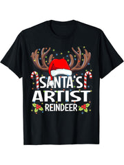 Santa's Artist Reindeer Christmas Pajama T-Shirt 180G 100% Cotton Printed Round Neck Short-Sleeve T-Shirt, Gifts for Men Dad Husband Grandpa, S-XXXL, Black
