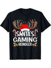 Santa's Gaming Reindeer Christmas Pajama T-Shirt 180G 100% Cotton Printed Round Neck Short-Sleeve T-Shirt, Gifts for Men Dad Husband Grandpa, S-XXXL, Black