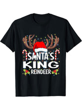 Santa's King Reindeer Christmas Pajama T-Shirt 180G 100% Cotton Printed Round Neck Short-Sleeve T-Shirt, Gifts for Men Dad Husband Grandpa, S-XXXL, Black