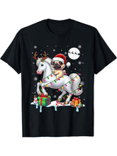 Santa Pug Riding Reindeer Horse Christmas Lights Colorful T-Shirt 180G 100% Cotton Printed Round Neck Short-Sleeve T-Shirt, Gifts for Men Dad Husband Grandpa, S-XXXL, Black