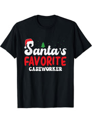 Santa's Favorite Caseworker Christmas Pajamas T-Shirt 180G 100% Cotton Printed Round Neck Short-Sleeve T-Shirt, Gifts for Men Dad Husband Grandpa, S-XXXL, Black