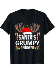 Santa's Grumpy Reindeer Christmas Pajama T-Shirt 180G 100% Cotton Printed Round Neck Short-Sleeve T-Shirt, Gifts for Men Dad Husband Grandpa, S-XXXL, Black