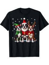Boston Terrier Christmas Dogs Funny Santa Reindeer Elf T-Shirt 180G 100% Cotton Printed Round Neck Short-Sleeve T-Shirt, Gifts for Men Dad Husband Grandpa, S-XXXL, Black