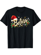 Christmas Believe Santa Claus Believe Christmas T-Shirt 180G 100% Cotton Printed Round Neck Short-Sleeve T-Shirt, Gifts for Men Dad Husband Grandpa, S-XXXL, Black