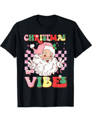 Vintage Groovy Santa Claus Christmas Vibes Womens Boy Girl Girls T-Shirt 180G 100% Cotton Printed Round Neck Short-Sleeve T-Shirt, Gifts for Men Dad Husband Grandpa, S-XXXL, Black