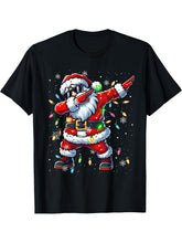 Merry Christmas 2024 Dabbing Santa Christmas Lights Xmas T-Shirt 180G 100% Cotton Printed Round Neck Short-Sleeve T-Shirt, Gifts for Men Dad Husband Grandpa, S-XXXL, Black