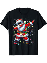 Merry Christmas 2024 Dabbing Santa Christmas Lights Xmas T-Shirt 180G 100% Cotton Printed Round Neck Short-Sleeve T-Shirt, Gifts for Men Dad Husband Grandpa, S-XXXL, Black