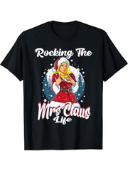 Mrs. Santa Claus Life Mom Funny Merry Christmas Sexy Girl T-Shirt 180G 100% Cotton Printed Round Neck Short-Sleeve T-Shirt, Gifts for Men Dad Husband Grandpa, S-XXXL, Black