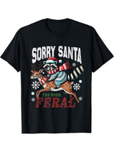 Sorry Santa I've Been Feral Funny Vintage Christmas Raccoon T-Shirt 180G 100% Cotton Printed Round Neck Short-Sleeve T-Shirt, Gifts for Men Dad Husband Grandpa, S-XXXL, Black