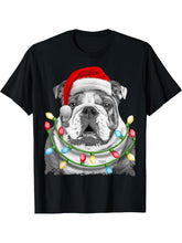 English Bulldog Santa Christmas Tree Lights Xmas Boys Dog T-Shirt 180G 100% Cotton Printed Round Neck Short-Sleeve T-Shirt, Gifts for Men Dad Husband Grandpa, S-XXXL, Black