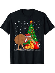 Kiwi Bird Lover Gift Santa Hat Kiwi Christmas T-Shirt 180G 100% Cotton Printed Round Neck Short-Sleeve T-Shirt, Gifts for Men Dad Husband Grandpa, S-XXXL, Black