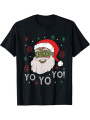 Black Funny Santa Claus Christmas Yo Yo Yo Xmas Costume T-Shirt 180G 100% Cotton Printed Round Neck Short-Sleeve T-Shirt, Gifts for Men Dad Husband Grandpa, S-XXXL, Black