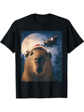 Funny Capybara Selfie Santa Moon Xmas Christmas T-Shirt 180G 100% Cotton Printed Round Neck Short-Sleeve T-Shirt, Gifts for Men Dad Husband Grandpa, S-XXXL, Black