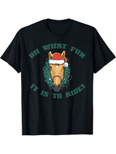 OH WHAT FUN IT IS TO RIDE! Christmas Horse Wreath Santa Meme T-Shirt 180G 100% Cotton Printed Round Neck Short-Sleeve T-Shirt, Gifts for Men Dad Husband Grandpa, S-XXXL, Black
