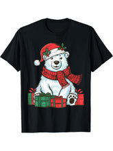 Xmas Holiday Santa Hat Polar Bear Christmas T-Shirt 180G 100% Cotton Printed Round Neck Short-Sleeve T-Shirt, Gifts for Men Dad Husband Grandpa, S-XXXL, Black