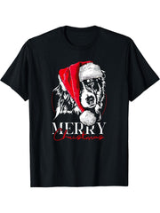 Funny Santa Aussie Australian Shepherd Merry Christmas dog T-Shirt 180G 100% Cotton Printed Round Neck Short-Sleeve T-Shirt, Gifts for Men Dad Husband Grandpa, S-XXXL, Black