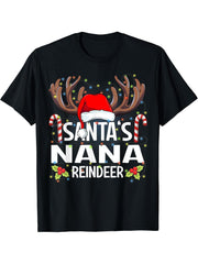 Santa's Nana Reindeer Christmas Pajama T-Shirt 180G 100% Cotton Printed Round Neck Short-Sleeve T-Shirt, Gifts for Men Dad Husband Grandpa, S-XXXL, Black