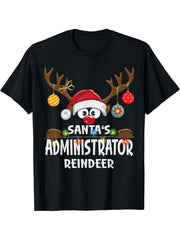 Christmas Family Santa's Administrator Reindeer Pajama T-Shirt 180G 100% Cotton Printed Round Neck Short-Sleeve T-Shirt, Gifts for Men Dad Husband Grandpa, S-XXXL, Black