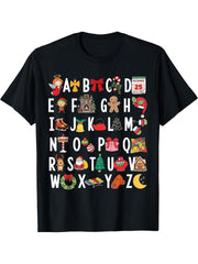 Christmas Alphabet ABC Pre-K Kindergarten Teachers Boy Girl T-Shirt 180G 100% Cotton Printed Round Neck Short-Sleeve T-Shirt, Gifts for Men Dad Husband Grandpa, S-XXXL, Black