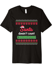 Santa Doesn't Count Chromosome Down Syndrome Ugly Christmas Premium T-Shirt 180G 100% Cotton Printed Round Neck Short-Sleeve T-Shirt, Gifts for Men Dad Husband Grandpa, S-XXXL, Black