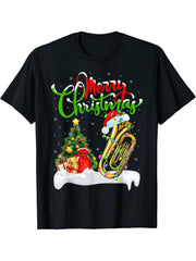 Funny Tuba Music Lover Xmas Lighting Santa Tuba Christmas T-Shirt 180G 100% Cotton Printed Round Neck Short-Sleeve T-Shirt, Gifts for Men Dad Husband Grandpa, S-XXXL, Black