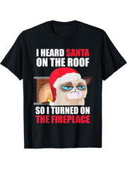 Funny Christmas Cat Hates Santa Grumpy Annoyed Cats T-Shirt 180G 100% Cotton Printed Round Neck Short-Sleeve T-Shirt, Gifts for Men Dad Husband Grandpa, S-XXXL, Black