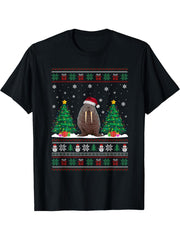 Santa Hat Walrus Christmas Tree Lights Ugly Sweater T-Shirt 180G 100% Cotton Printed Round Neck Short-Sleeve T-Shirt, Gifts for Men Dad Husband Grandpa, S-XXXL, Black