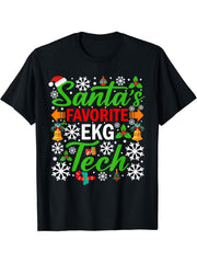Santa's Favorite EKG Tech Shirt Funny Christmas Xmas T-Shirt 180G 100% Cotton Printed Round Neck Short-Sleeve T-Shirt, Gifts for Men Dad Husband Grandpa, S-XXXL, Black