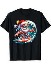 Surfing Santa Claus Christmas in July Beach Summer Vacation T-Shirt 180G 100% Cotton Printed Round Neck Short-Sleeve T-Shirt, Gifts for Men Dad Husband Grandpa, S-XXXL, Black