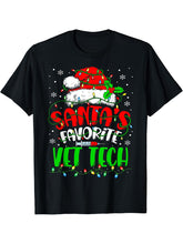 Santa Favorite VET TECH Christmas Veterinary Technician T-Shirt 180G 100% Cotton Printed Round Neck Short-Sleeve T-Shirt, Gifts for Men Dad Husband Grandpa, S-XXXL, Black